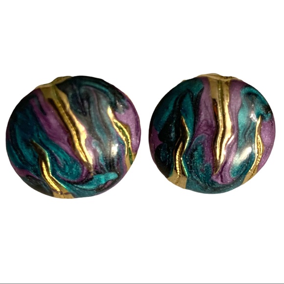 VTG 80’s Abstract LG Round Drop Purple, Green & Gold Enameled Pierced Earrings